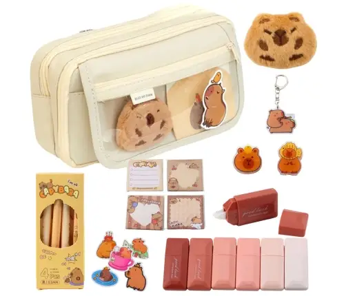 Two-compartment school pencil case with pockets and accessories Capybara 21x12 cm