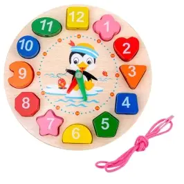 Montessori-Lernuhr aus Holz, zum Lernen der Stunden, Fädelblöcke