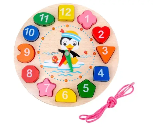 Montessori-Lernuhr aus Holz, zum Lernen der Stunden, Fädelblöcke Montessori-Lernuhr aus Holz, zum Lernen der Stunden, Fädelblöcke