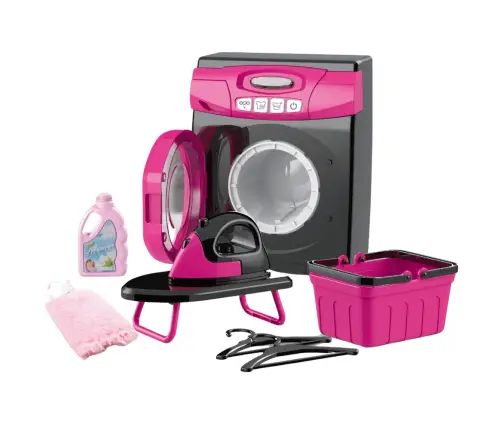 Home Appliances Set Interactive Washing Machine Lights Sounds Accessories Pink Black