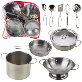 Set of kitchen utensils in a backpack - metal pots and spoons, 12 pieces.