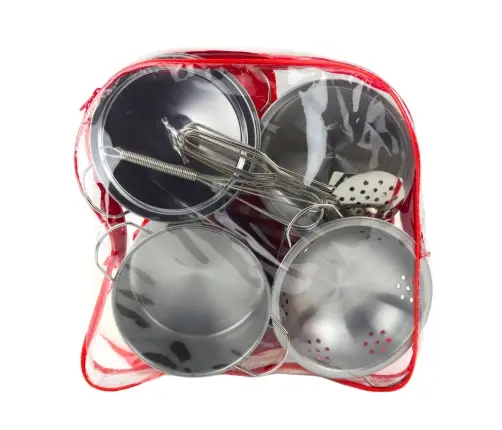 Set of kitchen utensils in a backpack - metal pots and spoons, 12 pieces.