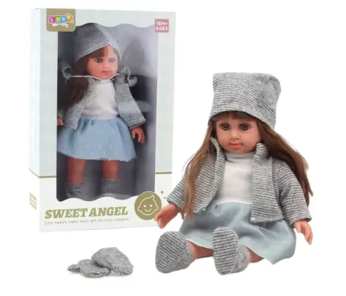 Doll in a blue dress, hat, sweater, gloves, 36.5 cm