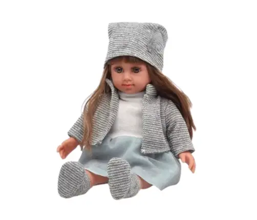 Doll in a blue dress, hat, sweater, gloves, 36.5 cm