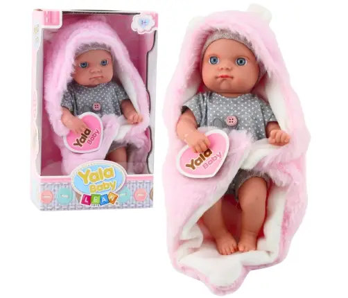 Babypuppe im grauen Pyjama mit rosa Hasendecke, 23 cm Babypuppe im grauen Pyjama mit rosa Hasendecke, 23 cm