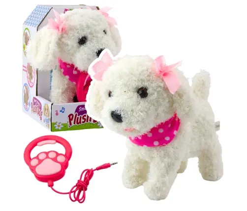 Interactive Poodle Dog with Bows on a Leash Walks and Barks White