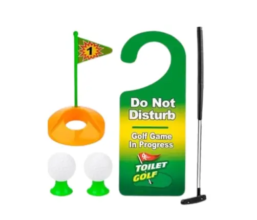 Toilet Golf Skill Game Set Mat Bat Balls Door Hanger