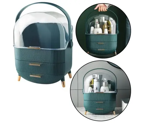 Cosmetics Organizer Opening Lid Transparent Two Drawers Green Cosmetics Organizer Opening Lid Transparent Two Drawers Green