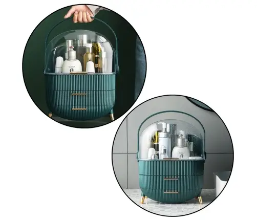 Cosmetics Organizer Opening Lid Transparent Two Drawers Green Cosmetics Organizer Opening Lid Transparent Two Drawers Green