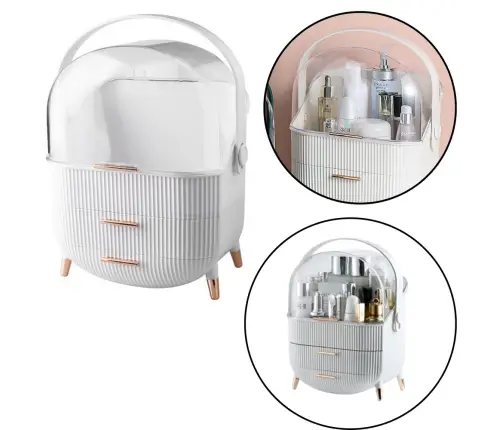 Cosmetics Organizer Opening Lid Transparent Two Drawers White