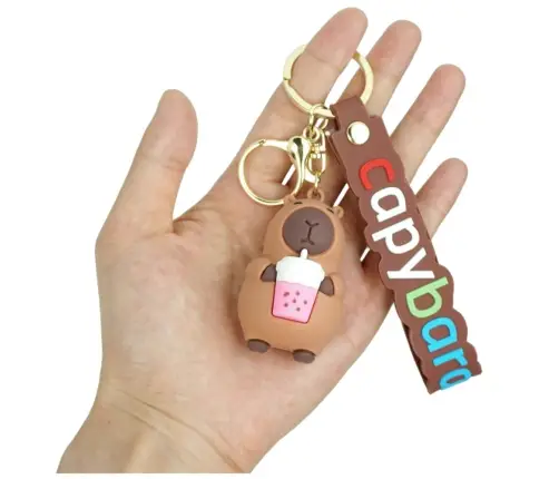 Keychain Capybara Figurine With Cup Pendant Carabiner Ring
