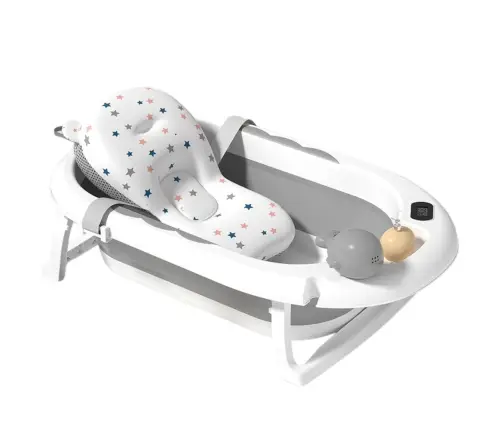 Foldable Baby Bathtub with Thermometer and Mattress with Stars, Gray