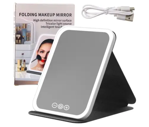 LED Mirror Case with Stand 3 Lighting Modes Brightness Adjustment 23cm