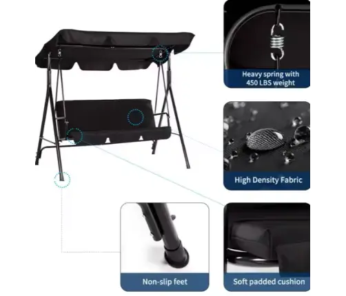 Three-person Garden Swing Rocking Cushions Mattress Black