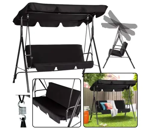 Three-person Garden Swing Rocking Cushions Mattress Black