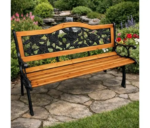Garden Bench Wooden Metal Park Bench with Backrest
