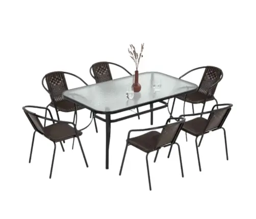 Garden Terrace Furniture Set Glass Table 150x90 Chairs 6 pcs Brown