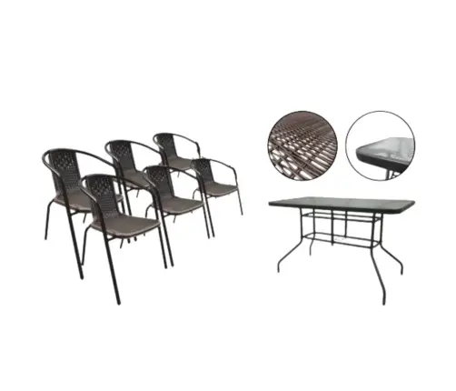 Garden Terrace Furniture Set Glass Table 150x90 Chairs 6 pcs Brown