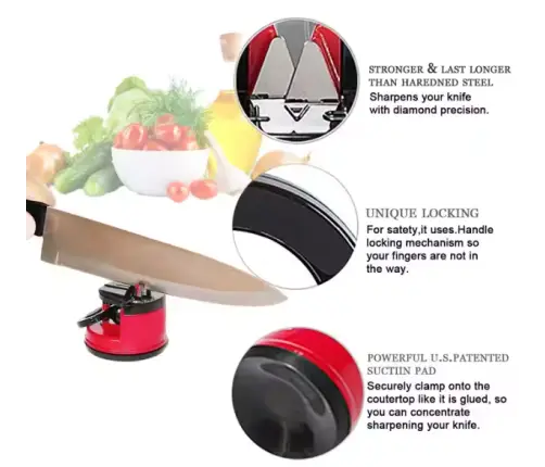 Knife and Scissor Sharpener with Suction Cup and Locking Lever Red
