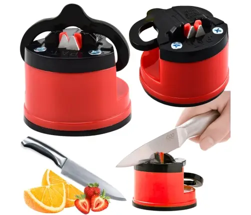 Knife and Scissor Sharpener with Suction Cup and Locking Lever Red