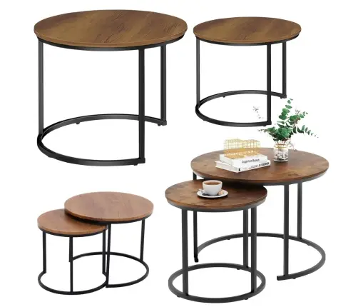Set of 2-in-1 Round Coffee Tables Vintage Natural Wood 60x45cm 40x40cm