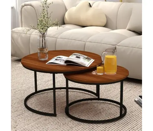 Set of 2-in-1 Round Coffee Tables Vintage Natural Wood 60x45cm 40x40cm