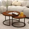 Set of 2-in-1 Round Coffee Tables Vintage Natural Wood 60x45cm 40x40cm
