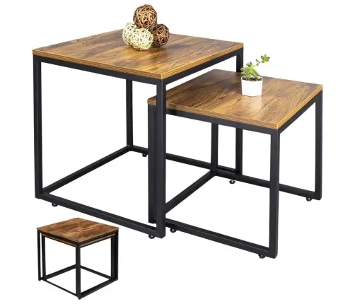 Set of 2-in-1 Rustic Square Coffee Tables 45x50cm 40x45cm