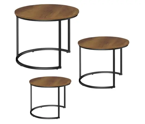 Set of 3-in-1 Round Coffee Tables Vintage Natural Wood 51cm 40cm 30cm