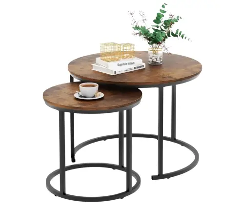 Set of 3-in-1 Round Coffee Tables Vintage Natural Wood 51cm 40cm 30cm