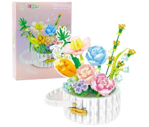 Construction Blocks Flower Arrangement in a Basket LED Lights 1376 pcs.