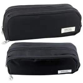 School Pencil Case Two Compartments Front Pocket Black 23x9 cm