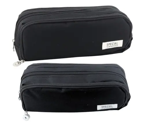 School Pencil Case Two Compartments Front Pocket Black 23x9 cm