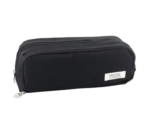 School Pencil Case Two Compartments Front Pocket Black 23x9 cm