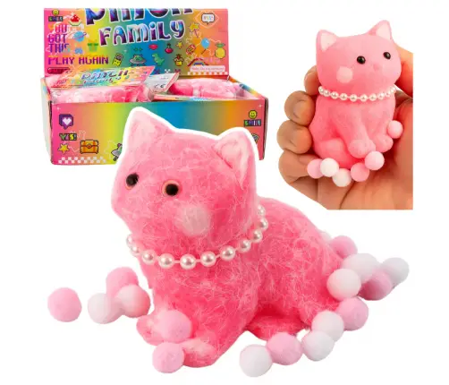 Sensory Squishy Soft Kitten with Pearls and Pompoms Pink 8cm