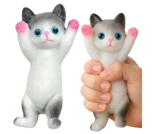 Sensory Squishy Soft Kitten Lying Fur White and Gray 13 x 6.5 cm