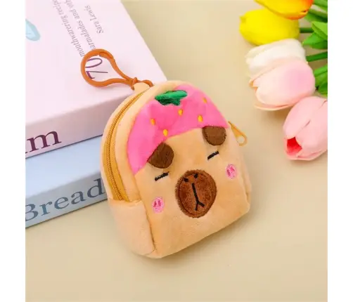 Plush Wallet with Keychain Capybara Strawberry Pink 9.5 x 8 cm