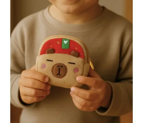 Plush Wallet with Keychain Capybara Strawberry Red 9.5 x 8 cm