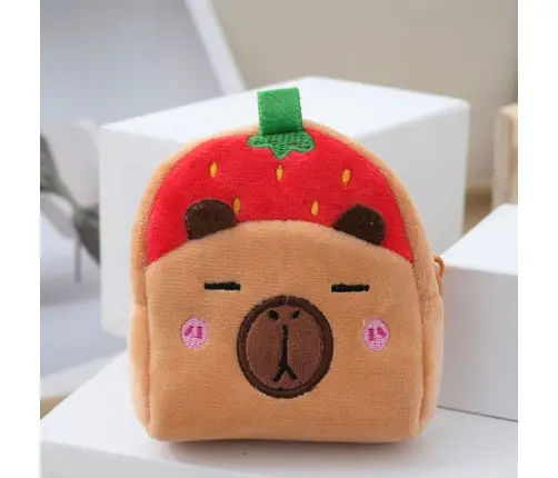 Plush Wallet with Keychain Capybara Strawberry Red 9.5 x 8 cm