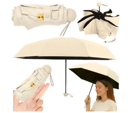 Folding Pocket Umbrella with UV Protection UPF 50+ Case Beige 90 cm
