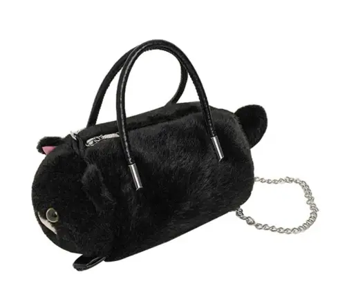 Plush Cat-Shaped Handbag with Chain Handles, Black