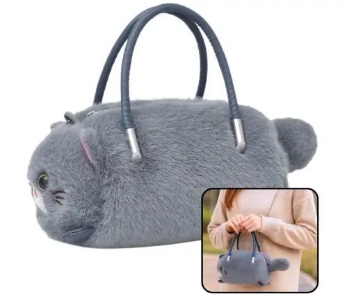 Plush Cat-Shaped Handbag with Chain Handles Gray