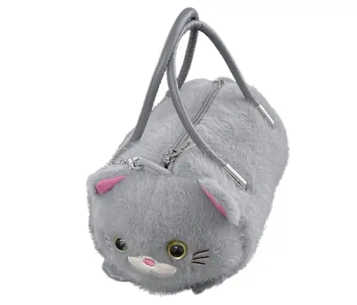 Plush Cat-Shaped Handbag with Chain Handles Gray