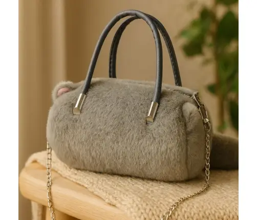 Plush Cat-Shaped Handbag with Chain Handles Gray