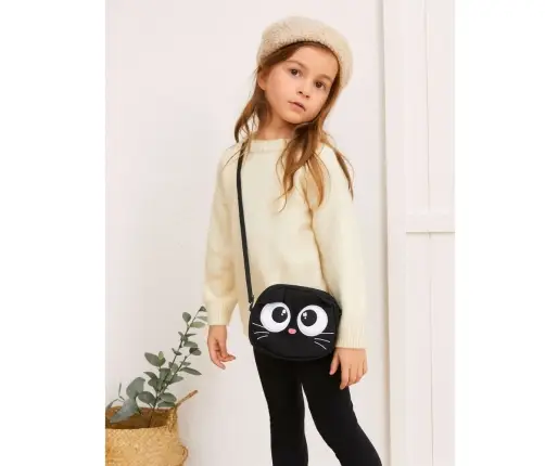 Cat Pouch Bag Zippered Pocket Adjustable Strap Black 21 x 16 cm