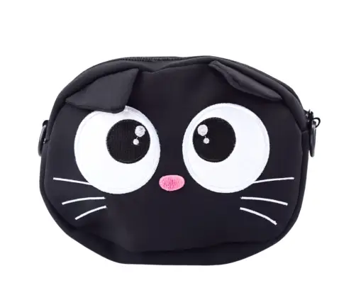Cat Pouch Bag Zippered Pocket Adjustable Strap Black 21 x 16 cm