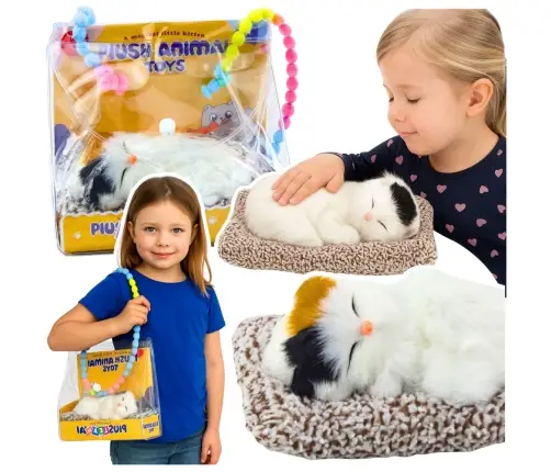 Sleeping White Cat on a Pillow Figurine with Fur Bag Sounds