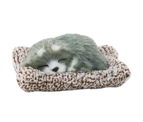 Sleeping Husky Dog on a Pillow Figurine with Fur Bag Sounds