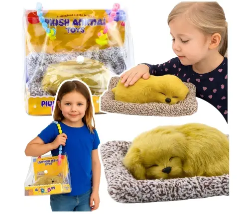 Sleeping Labrador Puppy on a Pillow Figurine with Fur and Transparent Bag