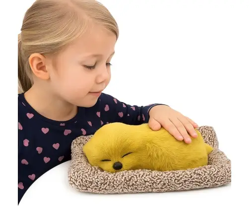 Sleeping Labrador Puppy on a Pillow Figurine with Fur and Transparent Bag